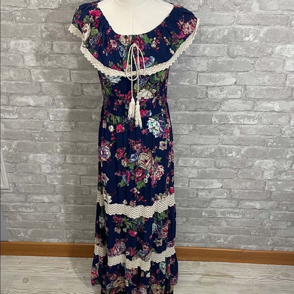 Magic Navy Floral Maxi Dress with Lace